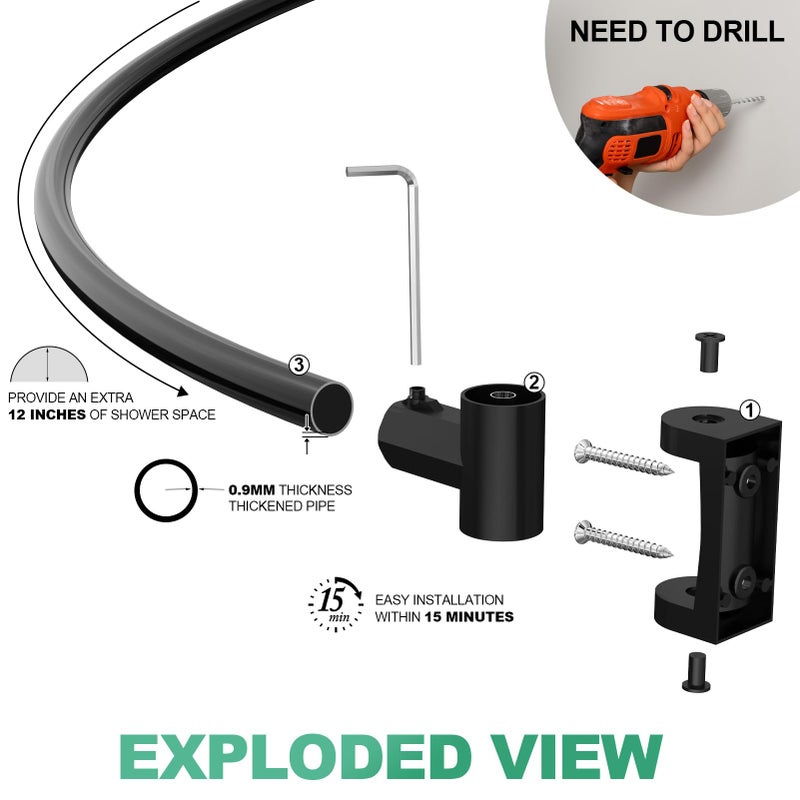 PrettyHome Curved Shower Curtain Rod For Bathroom 38-72 Inches, Adjustable Length, Curved Shower Rod, 0.9MM thickness, Round Shower Curtain Rods, Rotate Bracket For Large Shower Space, Need Drilling, Black - Image 5